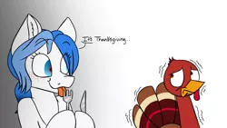 Size: 2120x1194 | Tagged: safe, artist:ggchristian, derpibooru import, oc, oc:gg christian, unofficial characters only, pony, turkey, concerned, female, fork, holiday, implied ponies eating meat, kitchen eyes, knife, mare, thanksgiving, tongue out