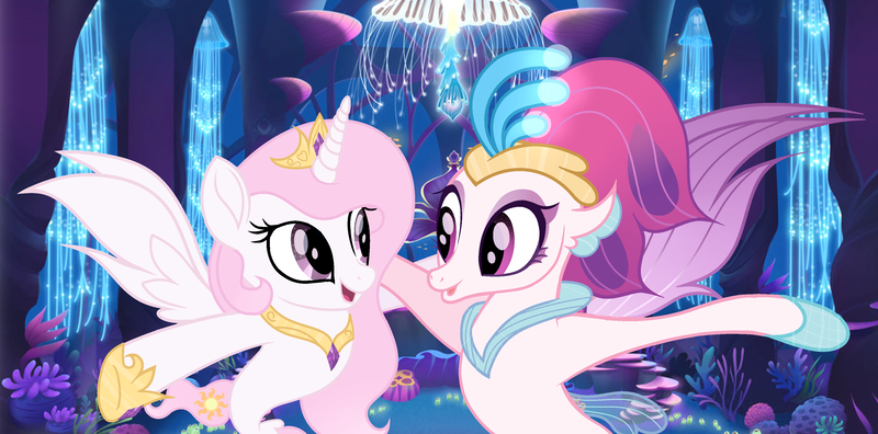 Size: 3732x1848 | Tagged: artist:velveagicsentryyt, cewestia, childhood friends, cute, cutelestia, derpibooru import, female, filly, hug, my little pony: the movie, novobetes, pink-mane celestia, princess celestia, queen novo, safe, sealestia, seaponified, seapony celestia, seapony (g4), species swap, young, younger