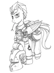 Size: 4338x5878 | Tagged: safe, artist:zhaozoharex, derpibooru import, lightning dust, pegasus, pony, fanfic, absurd resolution, armor, army, fanfic art, fimfiction, helmet, military, military uniform, monochrome, soldier