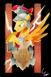 Size: 600x902 | Tagged: safe, artist:ii-art, derpibooru import, flash magnus, pegasus, pony, campfire tales, shadow play, armor, black background, helmet, lightning, male, netitus, shield, simple background, smiling, solo, stallion, watermark