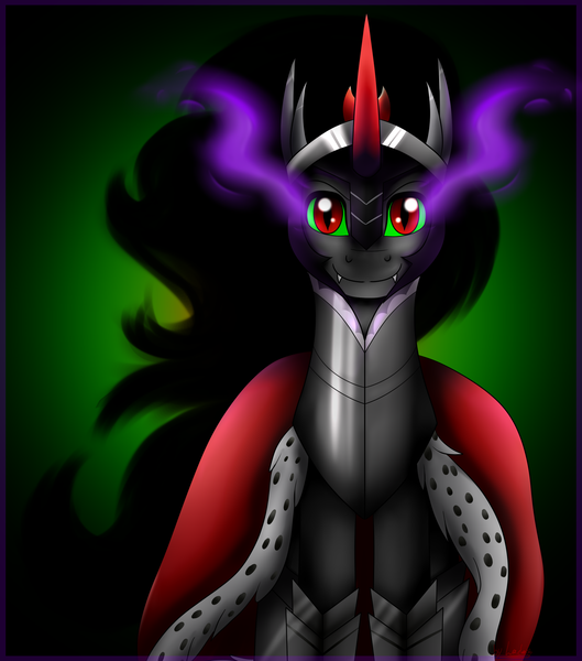 Size: 1837x2085 | Tagged: safe, artist:lada03, derpibooru import, king sombra, pony, unicorn, cape, clothes, fangs, looking at you, male, red eyes, slit eyes, smiling, sombra eyes, stallion