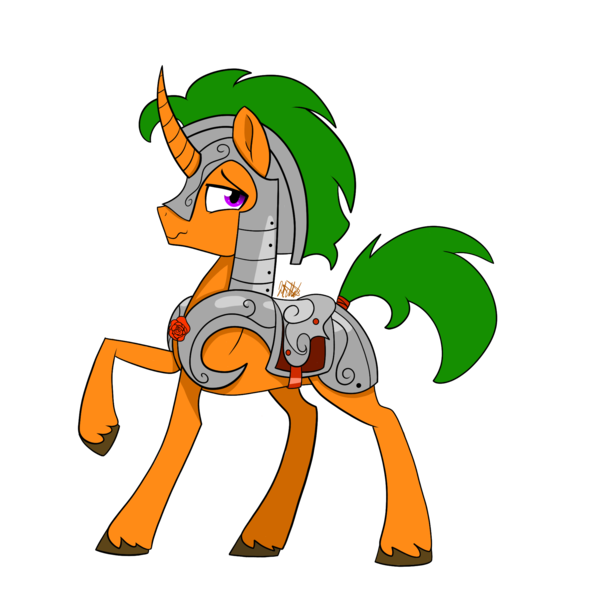 Size: 2000x2000 | Tagged: safe, alternate version, artist:chelseawest, derpibooru import, oc, oc:bookworm, unofficial characters only, pony, unicorn, armor, curved horn, high res, male, one hoof raised, raised hoof, simple background, solo, stallion, transparent background, unshorn fetlocks