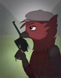 Size: 780x989 | Tagged: safe, artist:phi, derpibooru import, oc, unofficial characters only, gryphon, equestria at war mod, gun, hat, male, mauser c96, solo, weapon