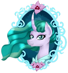 Size: 1024x1098 | Tagged: 3/4 view, artist:spokenmind93, border, bust, derpibooru import, flower, mirror, mistmane, portrait, safe, solo