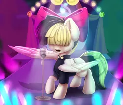 Size: 1024x877 | Tagged: dead source, safe, artist:freckleplant, derpibooru import, songbird serenade, pegasus, pony, my little pony: the movie, bow, clothes, female, hair over eyes, mare, microphone, open mouth, shirt, singing, solo, spread wings, wings