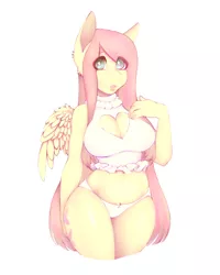 Size: 1280x1600 | Tagged: anthro, artist:tolsticot, boob window, breasts, busty fluttershy, cleavage, clothes, derpibooru import, female, fluttershy, looking at you, mare, midriff, panties, pegasus, simple background, solo, solo female, suggestive, underwear, white background, white underwear