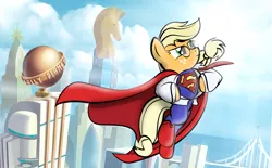 Size: 1280x795 | Tagged: app-el, applejack, artist:dan232323, clothes, costume, crossover, dc comics, derpibooru import, flying, glasses, safe, superman, supermare