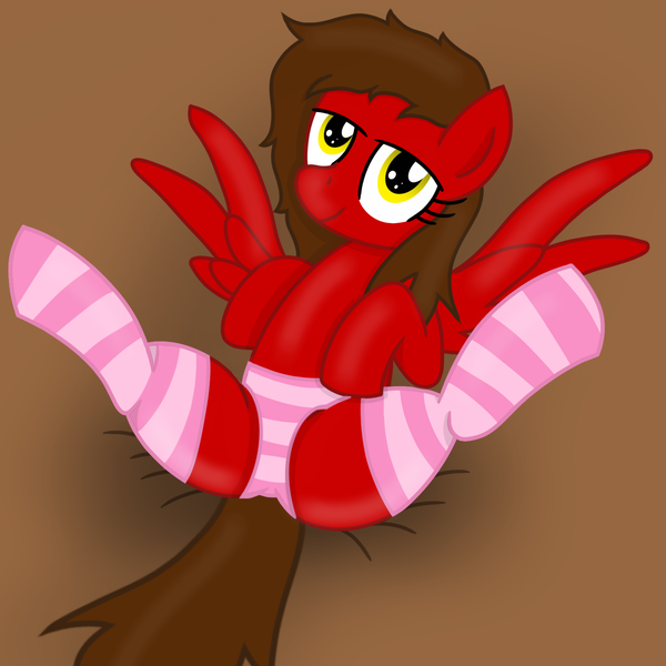 Size: 1500x1500 | Tagged: suggestive, artist:toyminator900, derpibooru import, oc, oc:crisp, unofficial characters only, pegasus, pony, clothes, panties, pink underwear, socks, solo, spread legs, spread wings, spreading, striped socks, striped underwear, underwear, wings