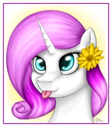 Size: 1500x1700 | Tagged: safe, artist:puggie, derpibooru import, oc, unofficial characters only, pony, unicorn, bust, flower, flower in hair, portrait, silly, silly pony, smiling, solo, tongue out