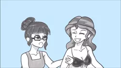 Size: 1366x768 | Tagged: suggestive, artist:hikarigranger, derpibooru import, sci-twi, sunset shimmer, twilight sparkle, equestria girls, bikini, blue background, bra, breasts, clothes, cute, eyes closed, female, glasses, grayscale, laughing, lesbian, monochrome, partial color, scitwishimmer, shipping, simple background, smiling, sunsetsparkle, swimsuit, twiabetes, underwear