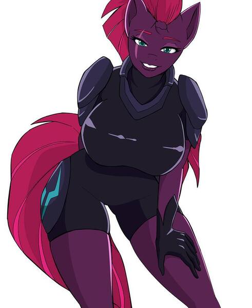 Size: 785x960 | Tagged: anthro, armor, artist:demorgorgon, bedroom eyes, big breasts, breasts, broken horn, busty tempest shadow, clothes, derpibooru import, eye scar, female, fizzlepop berrytwist, gloves, looking at you, my little pony: the movie, scar, simple background, solo, solo female, suggestive, tempest shadow, white background