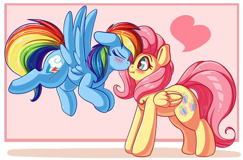 Size: 3750x2470 | Tagged: safe, artist:graphene, derpibooru import, fluttershy, rainbow dash, pony, backwards cutie mark, blushing, cute, embarrassed, eyes closed, female, flutterdash, flying, heart, kissing, lesbian, shipping, spread wings, wings