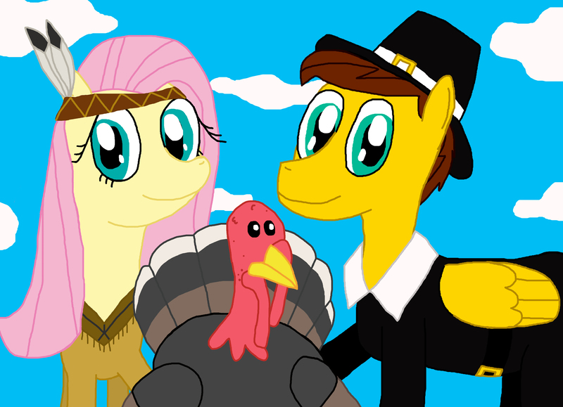 Size: 3090x2238 | Tagged: safe, artist:sb1991, derpibooru import, fluttershy, oc, oc:film reel, pony, turkey, clothes, costume, fluttersquaw, holiday, looking at you, native american, pilgrim, thanksgiving