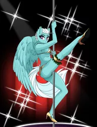 Size: 1145x1500 | Tagged: absolute cleavage, anthro, artist:up1ter, bra, breasts, cleavage, clothes, derpibooru import, eyeshadow, female, fleetfoot, garter, high heels, legs, makeup, money, panties, pegasus, pole dancing, raised leg, seductive look, seductive pose, sexy, shoes, smiling, solo, solo female, stripper, stripper pole, stupid sexy fleetfoot, suggestive, underwear, ych result