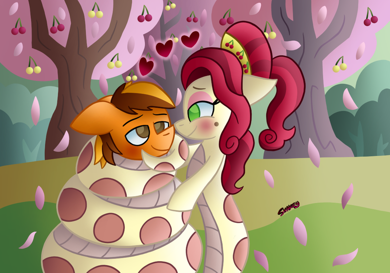 Size: 1090x765 | Tagged: safe, artist:snakeythingy, derpibooru import, cherry jubilee, oc, oc:merc fox, lamia, original species, snake pony, blushing, canon x oc, cherry, cherry orchard, coils, food, lamiafied, looking at each other, request, species swap, story included