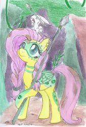 Size: 700x1030 | Tagged: safe, artist:astevenamedwolf, derpibooru import, angel bunny, fluttershy, pegasus, pony, the cutie re-mark, alternate timeline, braid, chrysalis resistance timeline, duo, ear piercing, face paint, folded wings, forest, looking at something, looking up, piercing, sitting on head, spear, standing, stone spear, traditional art, tribal, tribalshy, weapon, wings