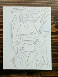 Size: 3036x4048 | Tagged: safe, artist:andypriceart, derpibooru import, philomena, princess celestia, phoenix, pony, annoyed, black and white, duo, female, grayscale, lineart, mare, monochrome, traditional art