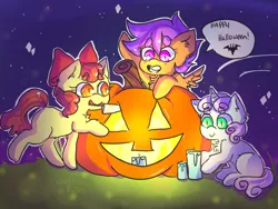 Size: 1024x768 | Tagged: safe, artist:jackytheripperart, derpibooru import, apple bloom, scootaloo, sweetie belle, earth pony, pegasus, pony, unicorn, candle, cutie mark crusaders, female, filly, halloween, holiday, jack-o-lantern, pumpkin, smiling, speech bubble, trio