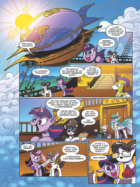 Size: 768x1024 | Tagged: safe, artist:andypriceart, derpibooru import, idw, kibitz, princess celestia, raven, twilight sparkle, twilight sparkle (alicorn), alicorn, pony, unicorn, spoiler:comic, spoiler:comic61, airship, comic, female, mare, official comic, preview, royal guard, speech bubble