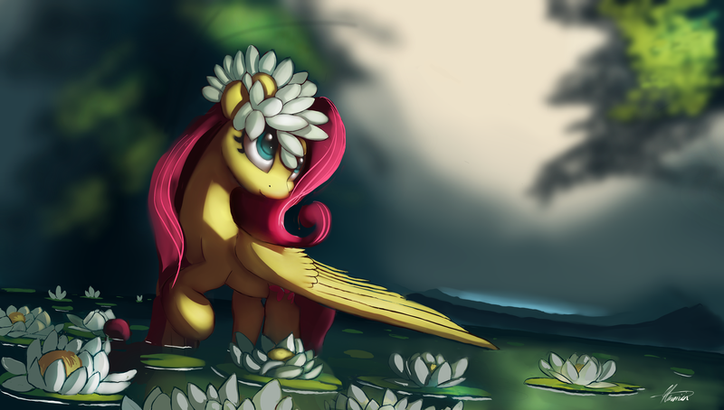 Size: 4438x2520 | Tagged: safe, artist:auroriia, derpibooru import, fluttershy, pegasus, pony, cute, female, flower, flower in hair, looking up, mare, outdoors, raised hoof, scenery, shyabetes, signature, smiling, solo, standing, water