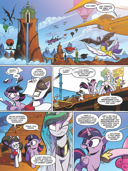 Size: 768x1024 | Tagged: safe, artist:andypriceart, derpibooru import, idw, daring do, kibitz, princess cadance, princess celestia, raven, twilight sparkle, twilight sparkle (alicorn), alicorn, bat pony, dragon, pegasus, pony, unicorn, spoiler:comic, spoiler:comic61, comic, female, flying, hall of unity, hot air balloon, male, mare, mount metazoa, night guard, official comic, preview, royal guard, speech bubble, stallion