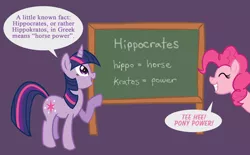 Size: 800x495 | Tagged: artist:starlight-gaze, chalkboard, comic, derpibooru import, dialogue, hippocrates, pinkie pie, safe, smiling, twilight sparkle