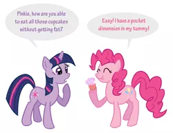 Size: 772x596 | Tagged: safe, artist:starlight-gaze, derpibooru import, pinkie pie, twilight sparkle, earth pony, pony, unicorn, comic, cupcake, dialogue, duo, eating, female, food, mare, pocket dimension, simple background, unicorn twilight, white background