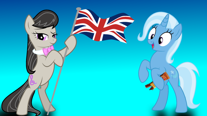 Size: 1920x1080 | Tagged: artist:dashiesparkle, artist:lazypixel, britavia, british, chocolate bar, cute, derpibooru import, double waifus, duo, duo female, edit, editor:grapefruitface, female, flag, gradient background, happy, octavia melody, safe, trixie, twix, union jack, united kingdom, waifu, wallpaper