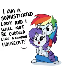 Size: 1650x1650 | Tagged: safe, artist:tjpones, derpibooru import, rainbow dash, rarity, pony, unicorn, equestria girls, behaving like a cat, blushing, chest fluff, crossed legs, cute, dashabetes, denial, dialogue, duo, ear fluff, female, holding a pony, i'm not cute, madorable, mare, multicolored hair, non-consensual cuddling, open mouth, pony pet, raribetes, raricat, simple background, tsundere, tsunderity, white background