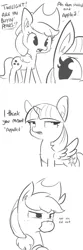 Size: 1650x4950 | Tagged: safe, artist:tjpones, derpibooru import, applejack, twilight sparkle, twilight sparkle (alicorn), alicorn, earth pony, pony, accent, apple, applejack's hat, comic, cowboy hat, dialogue, duo, ear fluff, eyeroll, female, food, grayscale, hat, mare, monochrome, mouth hold, open mouth, pear, pun, silly, silly pony, simple background, slice of life, that pony sure does hate pears, that pony sure does love apples, white background