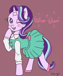 Size: 2003x2396 | Tagged: safe, artist:lamentedmusings, derpibooru import, starlight glimmer, pony, unicorn, blush sticker, blushing, clothes, cute, dress, female, glimmerbetes, looking at you, mare, one eye closed, open mouth, raised hoof, simple background, solo, wink
