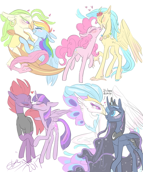 Size: 1000x1200 | Tagged: safe, artist:creeate97, derpibooru import, captain celaeno, fizzlepop berrytwist, pinkie pie, princess luna, princess skystar, queen novo, rainbow dash, tempest shadow, twilight sparkle, twilight sparkle (alicorn), alicorn, anthro, classical hippogriff, earth pony, hippogriff, pegasus, pony, unicorn, my little pony: the movie, anthro with ponies, blushing, boop, broken horn, celaenodash, dialogue, ear piercing, earring, eye scar, female, flower, flower in hair, heart, jewelry, kissing, lesbian, lunovo, mare, noseboop, piercing, raised hoof, scar, shipping, simple background, skypie, speech, tempestlight, white background