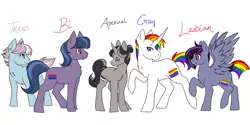 Size: 1024x512 | Tagged: safe, artist:uniquecolorchaos, derpibooru import, ponified, earth pony, pegasus, pony, unicorn, asexual, asexual pride flag, bisexual pride flag, bisexuality, female, gay, gay pride flag, homosexuality, lesbian, male, mare, pride, sexuality, simple background, stallion, transgender, transgender pride flag, white background