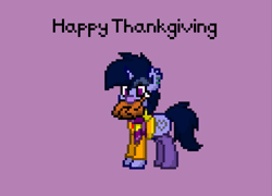 Size: 745x535 | Tagged: safe, artist:kimjoman, derpibooru import, oc, oc:purple glix, unofficial characters only, pony, turkey, pony town, accessories, animated, clothes, cooked, cute, dead, ear fluff, eating, food, holiday, male, nom, pixel art, ponies eating meat, scarf, socks, solo, thanksgiving