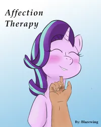 Size: 800x1000 | Tagged: safe, artist:veggiefangirl, derpibooru import, starlight glimmer, human, pony, unicorn, fanfic, fanfic:affection therapy, affection, blushing, eyes closed, fanfic art, fanfic cover, gradient background, hand, offscreen character, smiling