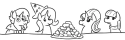 Size: 938x301 | Tagged: safe, artist:jargon scott, derpibooru import, maud pie, starlight glimmer, sunburst, trixie, earth pony, pony, unicorn, black and white, chicken nugget, clothes, dino nuggies, female, food, grayscale, hat, male, mare, monochrome, plate, simple background, smiling, stallion, trixie's hat, white background