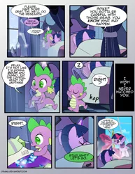 Size: 1275x1650 | Tagged: safe, artist:dsana, derpibooru import, spike, twilight sparkle, twilight sparkle (alicorn), alicorn, dragon, pony, comic:the shadow shard, bed, book, canterlot, comic, crystal, dark magic, dream, female, filly, filly twilight sparkle, magic, magic aura, male, sleeping, younger, z