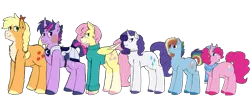 Size: 6493x2500 | Tagged: safe, artist:sylver-unicorn, derpibooru import, applejack, fluttershy, pinkie pie, rainbow dash, rarity, twilight sparkle, pony, alternate design, armor, clothes, high res, mane six, scar, scarf, simple background, sweater, sweatershy, transparent background, wingless