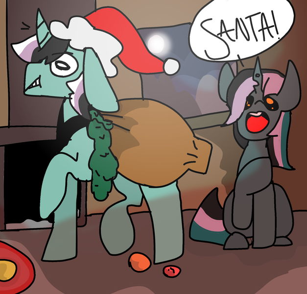 Size: 2000x1914 | Tagged: safe, artist:healingstreet, derpibooru import, oc, oc:minstrel custard, oc:poison sweets, unofficial characters only, changepony, unicorn, kindverse, christmas, dialogue, hat, holiday, how the grinch stole christmas, magical gay spawn, magical lesbian spawn, offspring, parent:bon bon, parent:lyra heartstrings, parent:oc:minstrel custard, parent:oc:philia agape armet, parents:lyrabon, parents:oc x oc, sack, santa hat, santa sack