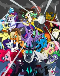 Size: 1368x1724 | Tagged: safe, artist:pencil bolt, derpibooru import, applejack, capper dapperpaws, captain celaeno, fluttershy, grubber, pinkie pie, princess skystar, queen novo, rainbow dash, rarity, songbird serenade, spike, storm king, tempest shadow, twilight sparkle, twilight sparkle (alicorn), abyssinian, alicorn, anthro, bird, cat, dragon, pony, seapony (g4), my little pony: the movie, anthro with ponies, cowering, faic, funny pony, looking at you, mane seven, mane six, my little pony, open mouth, pony fun time, rainbow dash is best facemaker, scared, smiling, so awesome, staff, staff of sacanas, storm