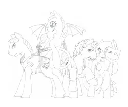 Size: 6000x5000 | Tagged: safe, artist:daisy, derpibooru import, ponified, bat pony, pony, absurd resolution, clothes, cyberpunk, frank zappa, group shot, monochrome, rpg, traditional art, weapon