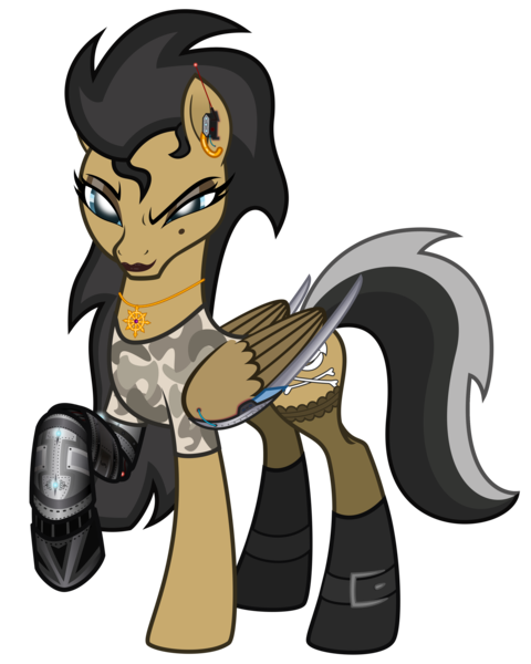 Size: 3200x4000 | Tagged: safe, artist:cherrymocaccino, artist:zuko42, derpibooru import, oc, oc:vile harpy, unofficial characters only, pegasus, pony, pony town, amputee, amulet, blades, boots, camouflage, clothes, ear piercing, earring, eyeshadow, female, high res, implants, jewelry, jolly roger, lipstick, looking at you, makeup, mare, mole, piercing, prosthetic limb, prosthetics, shirt, shoes, simple background, socks, solo, stockings, thigh highs, transparent background, vector