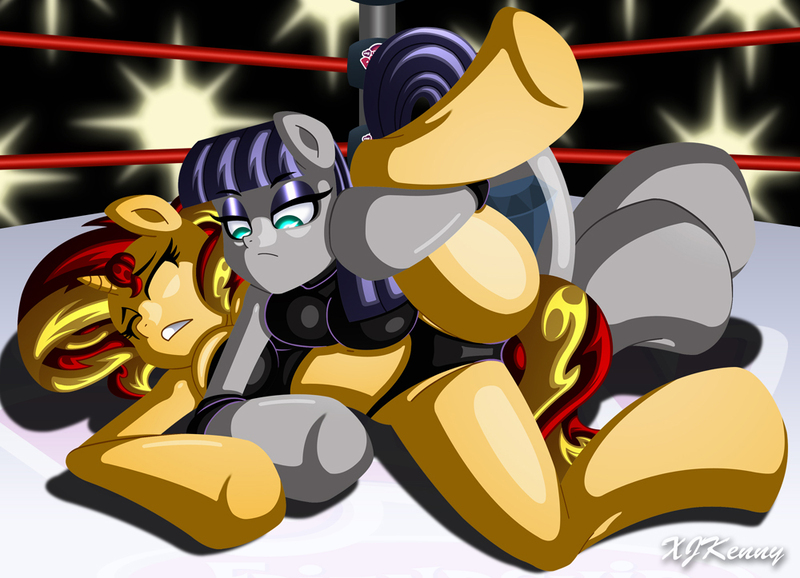 Size: 1000x723 | Tagged: suggestive, artist:xjkenny, derpibooru import, maud pie, sunset shimmer, anthro, earth pony, unguligrade anthro, unicorn, arm hooves, breasts, clothes, lidded eyes, pinned down, sports, wrestler, wrestling, wrestling ring