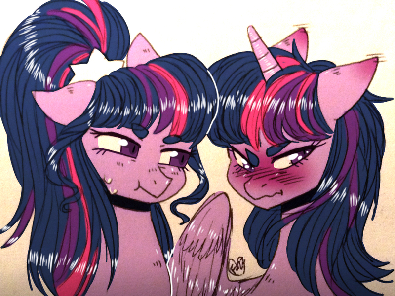 Size: 1024x768 | Tagged: safe, artist:fazzfuck, derpibooru import, sci-twi, twilight sparkle, twilight sparkle (alicorn), alicorn, earth pony, pony, blushing, cute, duo, duo female, female, looking away, mare, ponytail, scrunchy face, sweat, twiabetes, twolight