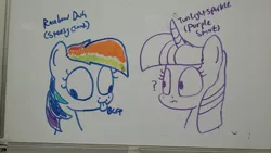 Size: 3264x1836 | Tagged: safe, artist:moonatik, derpibooru import, rainbow dash, twilight sparkle, :p, duo, photo, purple smart, question mark, silly, speedycloud, tongue out, traditional art, whiteboard
