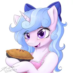 Size: 1024x1024 | Tagged: safe, artist:novaintellus, derpibooru import, oc, oc:melodia, unofficial characters only, pony, semi-anthro, unicorn, bow, cute, female, food, hair bow, mare, ocbetes, pie, simple background, smiling, solo, white background