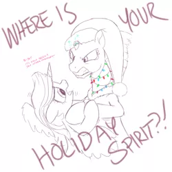 Size: 1500x1500 | Tagged: alicorn, angry, artist:brisineo, broken horn, christmas, christmas lights, clothes, costume, derpibooru import, dialogue, fizzlepop berrytwist, hat, holiday, monochrome, my little pony: the movie, safe, santa costume, santa hat, simple background, sketch, tempest shadow, twilight sparkle, twilight sparkle (alicorn)