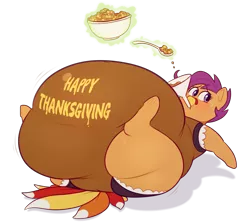 Size: 2400x2150 | Tagged: safe, artist:secretgoombaman12345, derpibooru import, scootaloo, turkey, belly, big belly, blushing, bowl, chubby cheeks, clothes, costume, fat, feedee, feeder, feeding, food, force feeding, funnel, holiday, implied sweetie belle, impossibly large belly, magic, morbidly obese, obese, scootachicken, scootalard, scootaturkey, solo, spoon, stuffed, stuffing, stuffing (food), sweat, sweatdrop, thanksgiving, thunder thighs, turkey costume, weight gain, wide hips