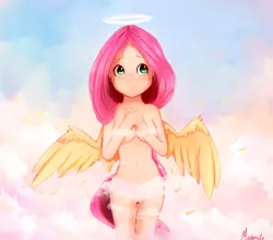 Size: 2500x2200 | Tagged: angel, artist:miokomata, belly button, breasts, cloud, covering, cute, derpibooru import, female, fluttershy, freckles, halo, human, humanized, long hair, looking away, looking up, nudity, shyabetes, sky, solo, solo female, strategically covered, suggestive, winged humanization, wings