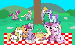 Size: 4136x2488 | Tagged: alula, artist:dinkyuniverse, basket, bedroom eyes, blushing, chatting, chest fluff, chocolate chip cookies, colt, cookie, crackle pop, date, derpibooru import, dinkily, dinky hooves, eating, female, filly, foal, food, heart, hug, jar, kissing, lemon daze, lesbian, lgbt, lily longsocks, liza doolots, love, male, park, peanut butter, petunia, picnic, picnic basket, picnic blanket, piña colada, piña cutelada, playing, pluto, polyamory, romance, ruby pinch, running, safe, scootaloo, shipping, shipping fuel, sweet pop, tootsie flute, tootsiepop, tree, unshorn fetlocks, winghug